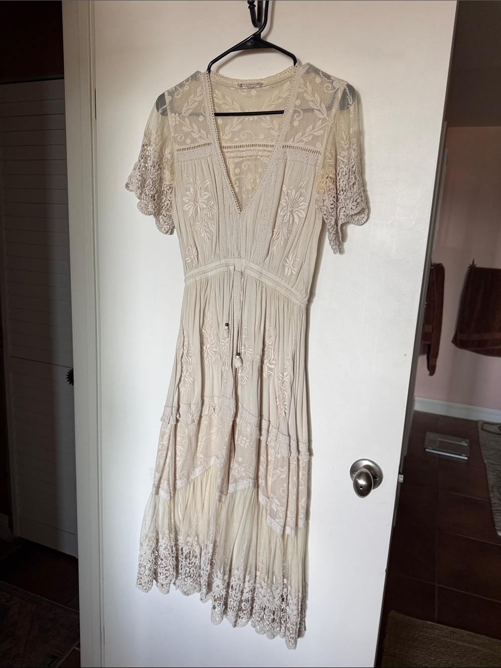 Spell Cream Embroidered Lace-Trim Midi Dress